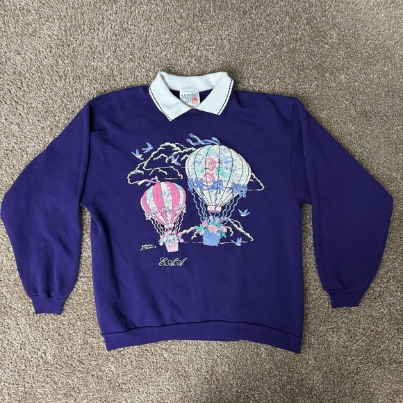 Vintage Morning Sun Women’s Hot Air Balloon Purple Crewneck Sweater Size Large - Picture 1 of 8
